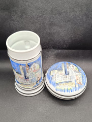 Набор винтажный - кружка немецкая пивная и шкатулка Lubero / R.Nock &quot;Почетный дар муниципалитета Офтерсхайм&quot; с изображением города, кружка 18 см (0.5 л), шкатулка - 13.5 см, фарфор, Германия, 1970-80гг.