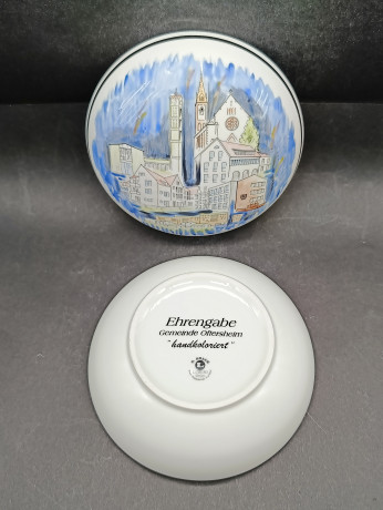 Набор винтажный - кружка немецкая пивная и шкатулка Lubero / R.Nock "Почетный дар муниципалитета Офтерсхайм" с изображением города, кружка 18 см (0.5 л), шкатулка - 13.5 см, фарфор, Германия, 1970-80гг.