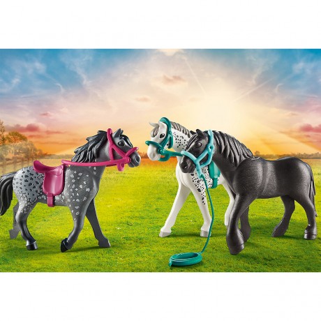 PLAYMOBIL 3er Set: 70510 Ponycamp-Ubernachtungswagen + 70995 Reitunterricht mit Pferdeboxen + 70999 Pferdeset 3x Pferde: Friese Набор из 3 штук: 70510 Пони-лагерь для ночлега + 70995 Уроки верховой езды с конюшнями + 70999 Комплект для лошадей 3 лошади: ф