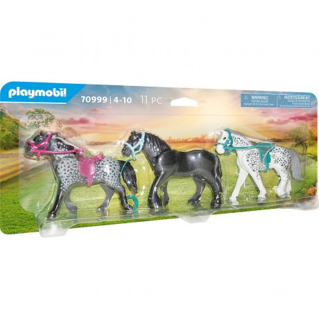 PLAYMOBIL 3er Set: 70510 Ponycamp-Ubernachtungswagen + 70995 Reitunterricht mit Pferdeboxen + 70999 Pferdeset 3x Pferde: Friese Набор из 3 штук: 70510 Пони-лагерь для ночлега + 70995 Уроки верховой езды с конюшнями + 70999 Комплект для лошадей 3 лошади: ф