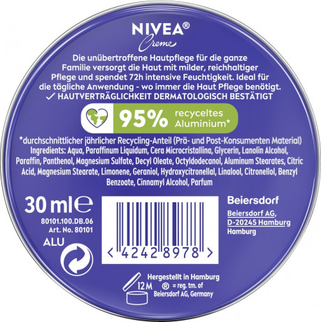 NIVEA Creme Pflegelotion, 30 ml, Нивеа Классический крем, пантенол и ланолин, глубокое питание, дорожный формат, 30 мл