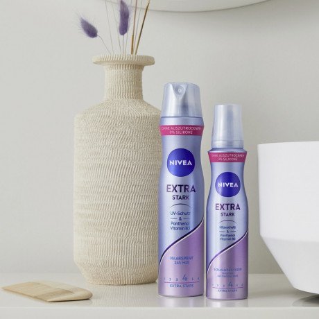 NIVEA Extra Stark Schaumfestiger, 150 ml, Нивеа Мусс для укладки волос, пантенол и витамин B3, экстра сильная фиксация до 24ч, термозащита, 150 мл