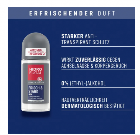 Hidrofugal Deo Roll-on Men Frisch & Stark, Гидрофугал Шариковый Дезодорант для мужчин с свежим ароматом, 50 мл
