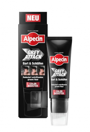 Alpecin Shampoo Grey Attack Bart & Schlafen Color Booster, 50 ml, оттеночный шампунь для бороды и висков для мужчин (Германия), 50 мл, постепенное закрашивание седины, натуральный тёмный оттенок, без силиконов