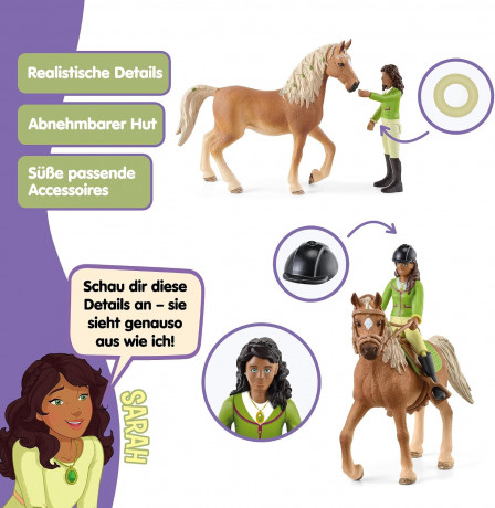 Schleich Horse Club 42542 Игровой набор Сара и Мистери (Германия), фигурка наездницы, лошадь арабская кобыла, седло, уздечка, шлем, ручная роспись, от 5 лет