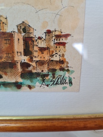 Картина винтажная "Флоренция, вид на мост" / худ. А.Сукуллиа, в раме, 19,5 х 15 см, Италия, 1994 год.