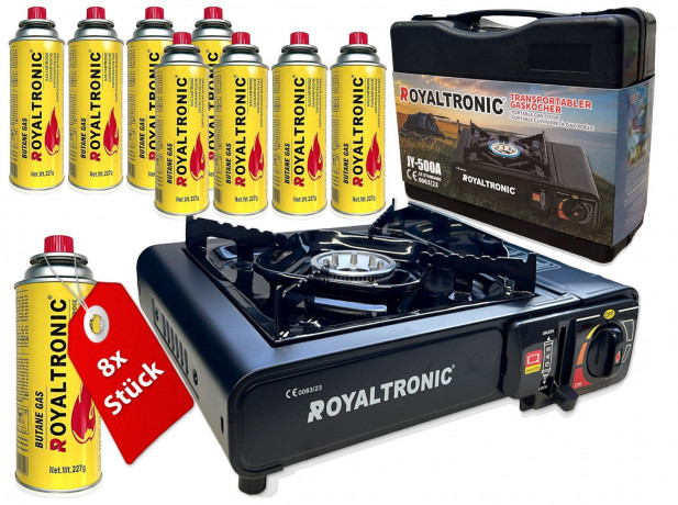 ROYALTRONIC ROYALTRONIC Gaskocher Campingkocher inkl. Kartuschen und Koffer, (Campingkocher Set mit Kartuschen, Campingkocher Set) Походная газовая плита ROYALTRONIC, включая катриджи и футляр (набор походной печи с картриджами, набор походной печи)