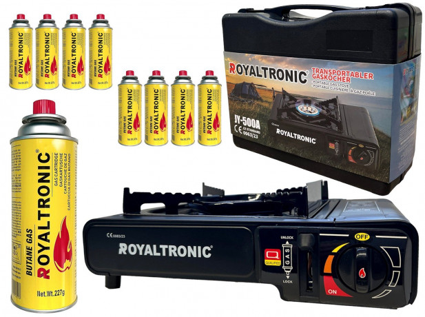 ROYALTRONIC ROYALTRONIC Gaskocher Campingkocher inkl. Kartuschen und Koffer, (Campingkocher Set mit Kartuschen, Campingkocher Set) Походная газовая плита ROYALTRONIC, включая катриджи и футляр (набор походной печи с картриджами, набор походной печи)