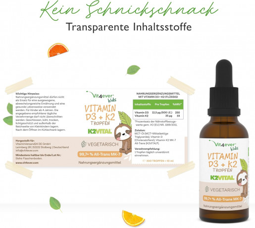 Vit4ever Kids, Витамин D3 + K2 для детей, капли 500 МЕ D3 и 25 мкг K2 MK7, витамин D3 детям для иммунитета и костей, с MCT маслом, 10 мл, 300 капель