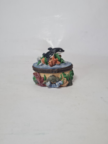 Шкатулка винтажная, с дельфинами и морским узором, фарфор, 7 x 8 см, Германия, 1960-70гг.