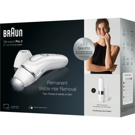 Braun IPL System quot;Silk-expert Pro PL3129 + Mini-Gesichtsrasiererquot; in Weiss & Silber  Система IPL &quot;Silk-expert Pro PL3129 + Mini Face Shaver&quot; в белом и серебристом