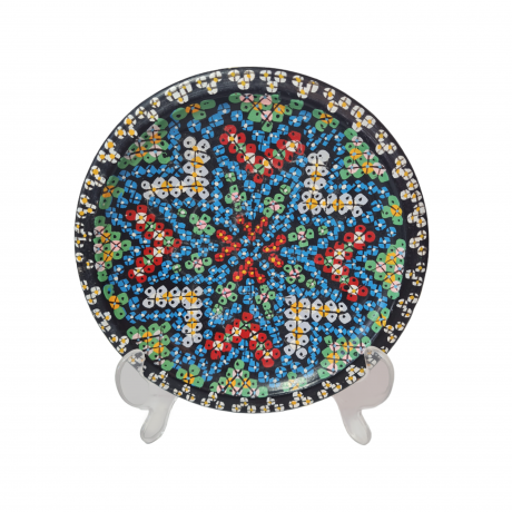 Тарелка декоративная винтажная Agadir Marokko, черная керамика с красочным цветочным декором, 18,5 x 4,5 см, Марокко, 1950-60гг.