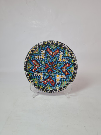 Тарелка декоративная винтажная Agadir Marokko, черная керамика с красочным цветочным декором, 18,5 x 4,5 см, Марокко, 1950-60гг.