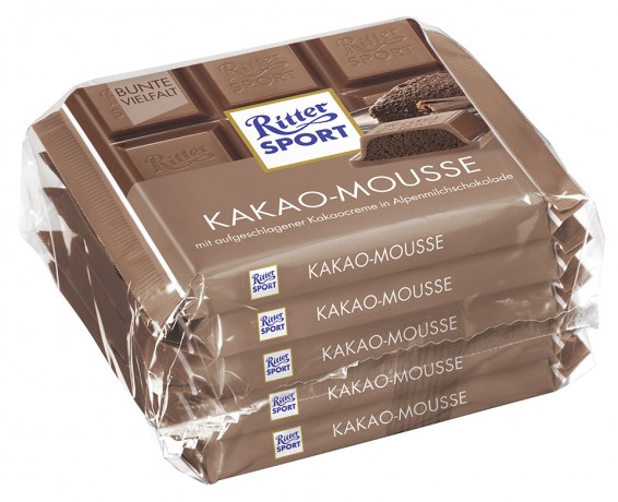 Ritter Sport (Риттер Спорт) Tafelschokolade Kakao-Mousse Gefullte Alpenvollmilchschokolade mit aufgeschlagener Kakaocreme (40 %), 5 шт. по 100 г Упаковка 500 г