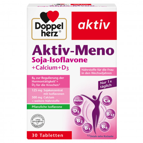 Doppelherz Aktiv-Meno Soja-Isoflavone + Calcium + D3, 30 Tabletten, 52,1 g, Комплекс для женщин в период менопаузы с изофлавонами сои, кальцием и витамином D3 для поддержания костей, 30 таблеток, 52,1 г