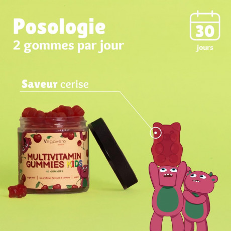 Vegavero Junior Multivitamin Gummies Kids, Детские мультивитамины, 17 витаминов и минералов, витамины C, D3, B12, цинк, без сахара, вкус вишни, 60 шт