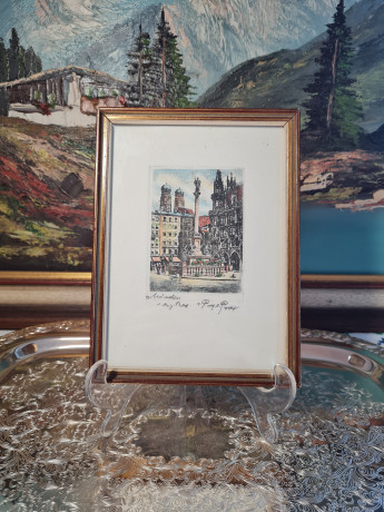 Картина в деревянной раме винтажная "Галерея Отто, Вена", 19 x 14,5 x 1,5 см, Австрия, 1970-80гг.