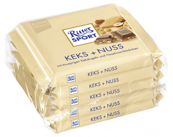 Ritter Sport (Риттер Спорт) Tafelschokolade Keks Nuss Haselnuss шт.chen (8,5 %), Keks-Crisp (6,5 %), Kakao (30 %), 5 шт. по 100 г Упаковка 500 г