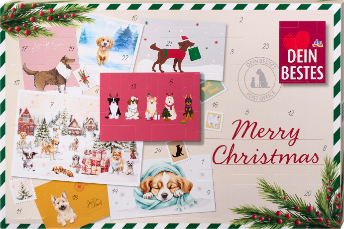 Dein Bestes Merry Christmas Adventskalender 2026 fuer Hunde, 24 Leckerli-Ueberraschungen, Dein Bestes Адвент-календарь 2026 для собак с лакомствами, 24 сюрприза