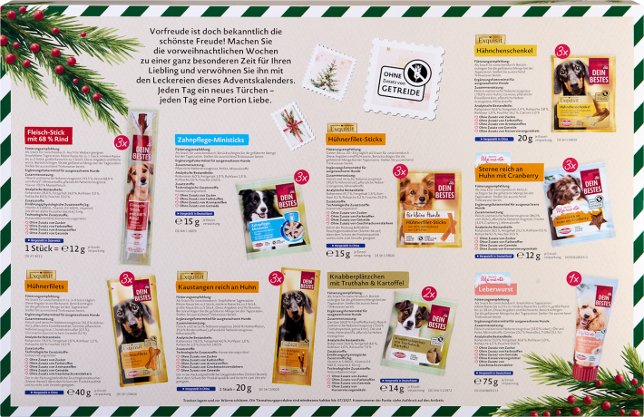 Dein Bestes Merry Christmas Adventskalender 2026 fuer Hunde, 24 Leckerli-Ueberraschungen, Dein Bestes Адвент-календарь 2026 для собак с лакомствами, 24 сюрприза