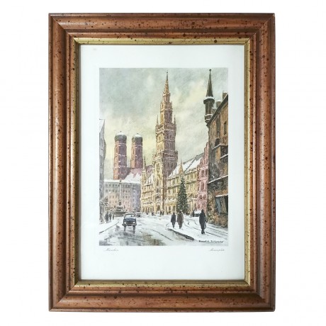 German Graphic Картина в раме Мюнхен, холст, масло, 21см x 16см x 2см, 1960г., Германия