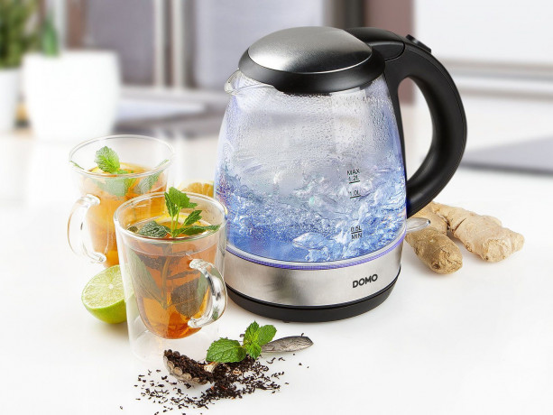 Domo Wasserkocher, 1.2 l, 2200 W, Glas LED Beleuchtung 360° Edelstahlsockel, leise elektrisch ohne Kabel  Чайник Domo, 1,2 л, 2200 Вт, стеклянное светодиодное освещение, основание из нержавеющей стали на 360°, бесшумный электрический без кабеля