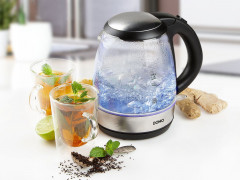 Domo Wasserkocher, 1.2 l, 2200 W, Glas LED Beleuchtung 360° Edelstahlsockel, leise elektrisch ohne Kabel Чайник Domo, 1,2 л, 2200 Вт, стеклянное светодиодное освещение, основание из нержавеющей стали на 360°, бесшумный электрический без кабеля