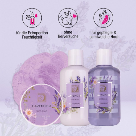 Accentra Shower Set Women Gift Set Lavender in Beautiful Gift Box Подарочный набор "Лаванда" из 4 предметов с гелем для душа, лосьоном для тела, маслом для тела и сетчатой губкой