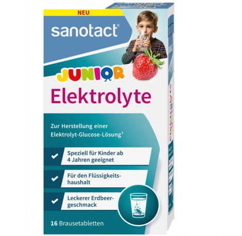 Sanotact Junior электролиты шипучие таблетки для детей от 4 лет Германия, 16 таблеток, магний и минералы для водного баланса, витамины для детей, вкус клубника