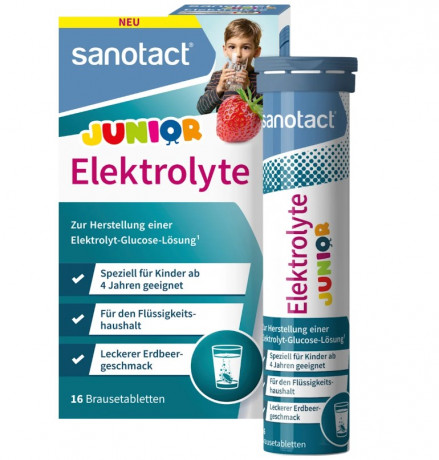 Sanotact Junior электролиты шипучие таблетки для детей от 4 лет Германия, 16 таблеток, магний и минералы для водного баланса, витамины для детей, вкус клубника