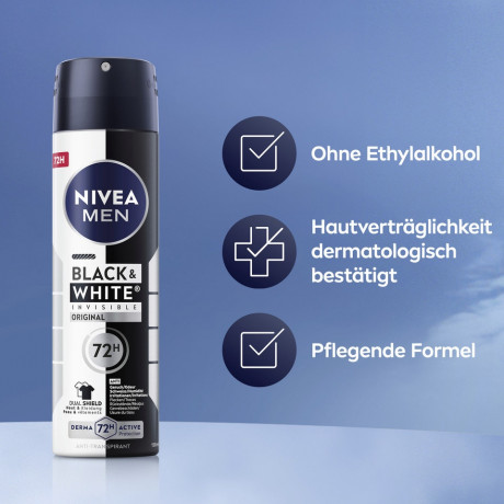 NIVEA MEN Black & White Invisible Original Anti-Transpirant Spray, 150 ml, Нивеа Мужской антиперспирант спрей, невидимый, защита одежды от пятен, 72ч защита, 150 мл