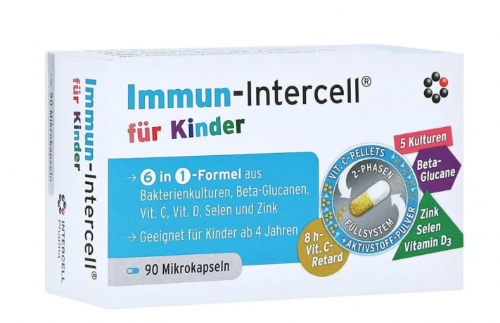 Immun-Intercell fur Kinder Mikrokapseln, 90 St. Kapseln, Intercell Иммун комплекс для детей (Германия), 90шт, капсулы для иммунитета, бактериальные культуры бета глюканы витамин C D цинк селен