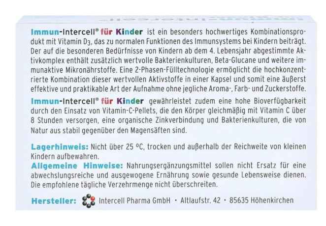 Immun-Intercell fur Kinder Mikrokapseln, 90 St. Kapseln, Intercell Иммун комплекс для детей (Германия), 90шт, капсулы для иммунитета, бактериальные культуры бета глюканы витамин C D цинк селен