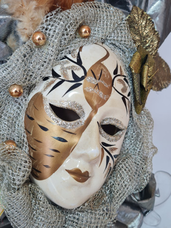 Панно декоративное винтажное "Маска", украшенное текстилем и лентой, 31 х 23 см, Германия, 1960-70гг.