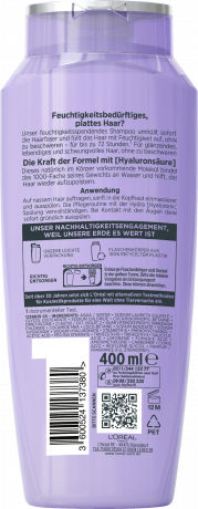 L'Oreal Paris Elvital Hydra Hyaluronic 72H Feuchtigkeits-Auffuellendes Shampoo, 400 ml, Увлажняющий шампунь с гиалуроновой кислотой для обезвоженных волос, до 72 часов увлажнения, 400 мл