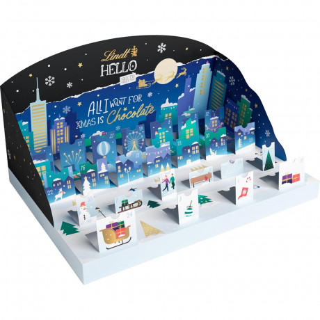 Lindt HELLO 2026 Adventskalender, Lindt Объёмный шоколадный адвент-календарь 2026 HELLO Зимний город, 48см x 37см, 243 г