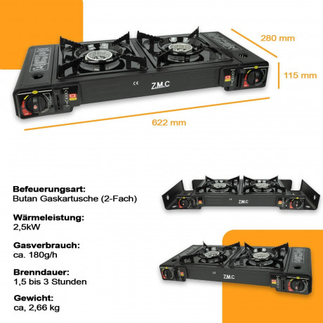 ZMC ZMC Gaskocher Doppel Kartuschenkocher Gaskocher 2 Flammig + 24x Gaskartuschen 227g, (mit automatische Piezo-Zundung Warmeleistung: 2,3KW), Outdoor Gas Campingkocher 2Fach Gasherd Ofen Butan Kochfeld Gas Kocher  Газовая плита ZMC с двойным картриджем, 