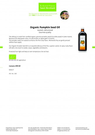 Krauterhaus Sanct Bernhardt Organic Pumpkin Seed Oil roasted, 250 мл