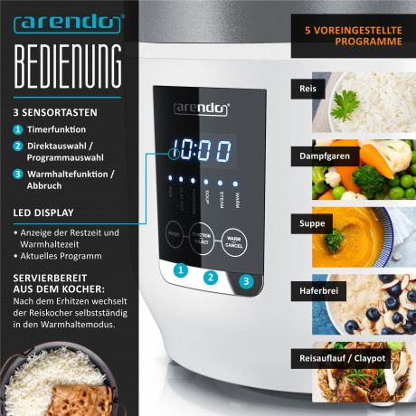 Arendo Arendo Reiskocher, 350 W, Digitaler Dampfgarer, Kochprogramme, Timer, Warmhaltefunktion, Display Рисоварка Arendo, 350 Вт, цифровая пароварка, программы приготовления, таймер, функция поддержания тепла, дисплей