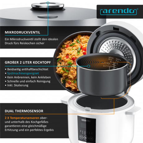 Arendo Arendo Reiskocher, 350 W, Digitaler Dampfgarer, Kochprogramme, Timer, Warmhaltefunktion, Display Рисоварка Arendo, 350 Вт, цифровая пароварка, программы приготовления, таймер, функция поддержания тепла, дисплей