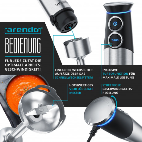 Arendo Arendo Stabmixer, 1500 W, Purierstab Edelstahl Set, stufenlose Geschwindigkeit + Turbotaste  Ручной блендер Arendo, 1500 Вт, набор очищающих стержней из нержавеющей стали, постоянная скорость + кнопка турбо.
