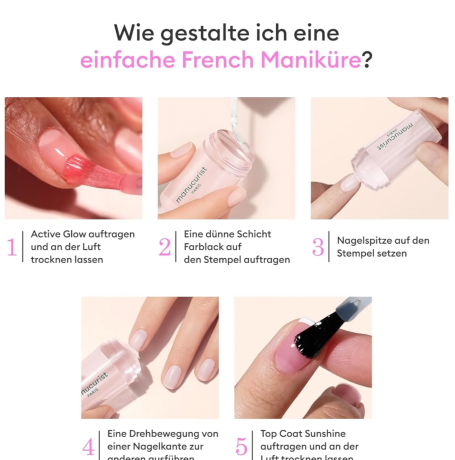 Manucurist French Manikure Active Set of 4st: Glow Raspberry, Green Nagellack Creme, Mani Stamper, Green Gel-Top Coat,  Набор для французского маникюра Manucurist French Manicure Set, 4 предмета, Active Glow + крем-лак для френча + топ + штамп, натуральны