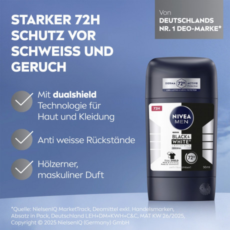 NIVEA MEN Black & White Invisible Original Anti-Transpirant Stick, 50 ml, Нивеа Мужской антиперспирант стик, невидимый, защита одежды от пятен, 72ч защита, 50 мл