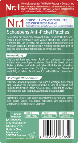 Schaebens Reine Haut Anti-Pickel Patches 12 St., Прозрачные патчи для точечного ухода против прыщей, 12 шт.