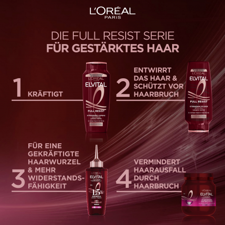 L'Oreal Paris Elvital Full Resist Staerkendes Aufbau Shampoo, 400 ml, Укрепляющий шампунь с аминексилом, биотином и аргинином для ослабленных волос против ломкости, 400 мл