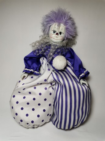 German Clown, Немецкая винтажная кукла Клоун с фиолетовыми волосам в штанах шароварах, фарфор, 35см, 1980-1985гг