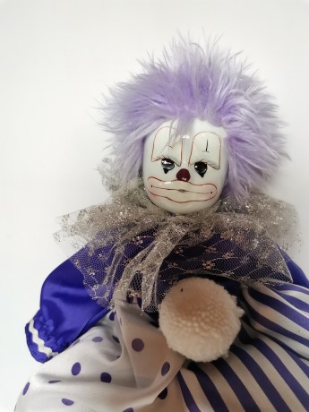 German Clown, Немецкая винтажная кукла Клоун с фиолетовыми волосам в штанах шароварах, фарфор, 35см, 1980-1985гг