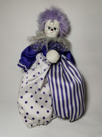 German Clown, Немецкая винтажная кукла Клоун с фиолетовыми волосам в штанах шароварах, фарфор, 35см, 1980-1985гг