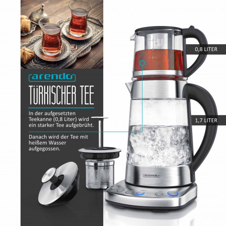 Arendo Arendo Wasserkocher, 1,7 l, 2400 W, Edelstahl mit Teeaufsatz, Teekocher, Temperatureinstellung 70 100° C  Чайник Arendo, 1,7 л, 2400 Вт, нержавеющая сталь с насадкой для чая, заварник, регулировка температуры 70 100°С