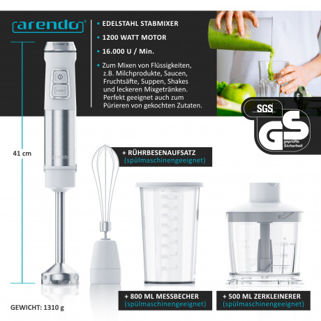 Arendo Arendo Stabmixer, 1200 W, Set, Edelstahl, Purierstab, stufenlos, inkl. 800 ml Messbecher silber/schwarz Ручной блендер Arendo, 1200 Вт, набор, нержавеющая сталь, стержень для пюре, бесступенчатый, включая мерный стакан 800 мл